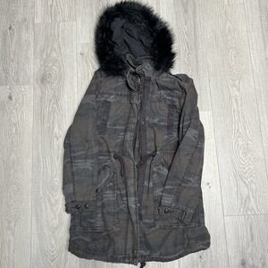 American Eagle Camo Y2K Faux Fur Hood Parka Jacket Coat Womens Sz M Camouflage